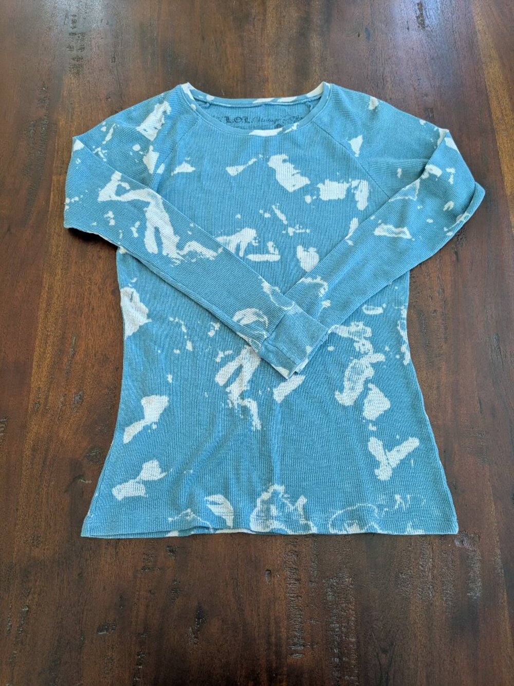 L.O.L. Vintage Blue Tie Dye Bleach Splatter Thermal Waffle Knit Long Sleeve XL